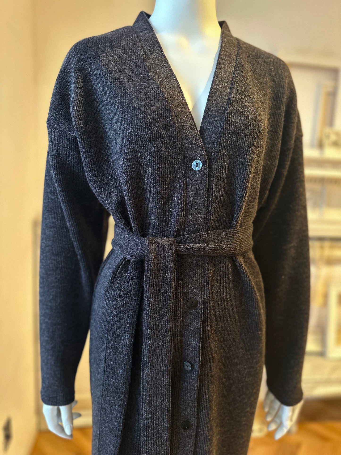 V neck long knit cardigan / Heather Black