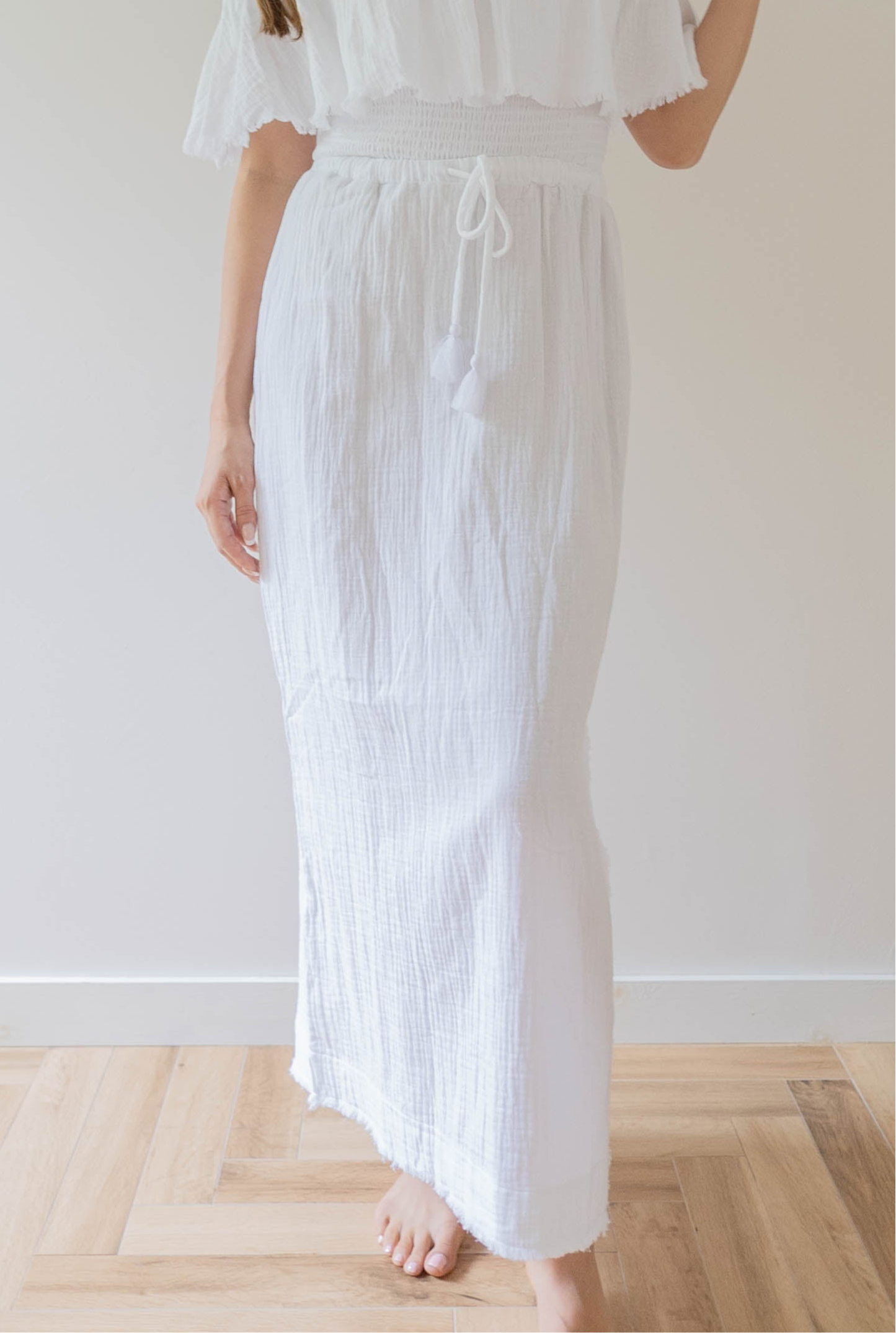 Fringe Side Slit Skirt / White