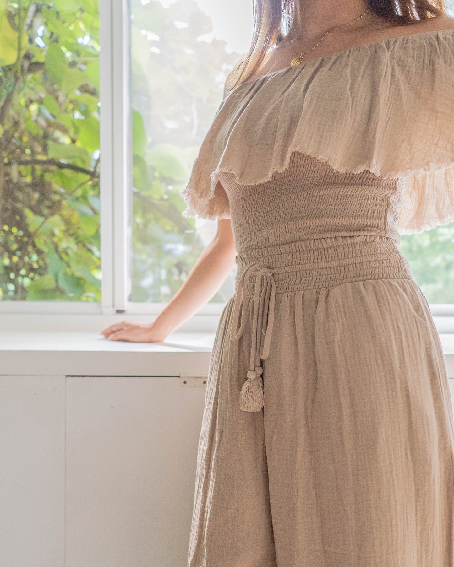 Fringe Frill Off The Shoulder Tops Mocha
