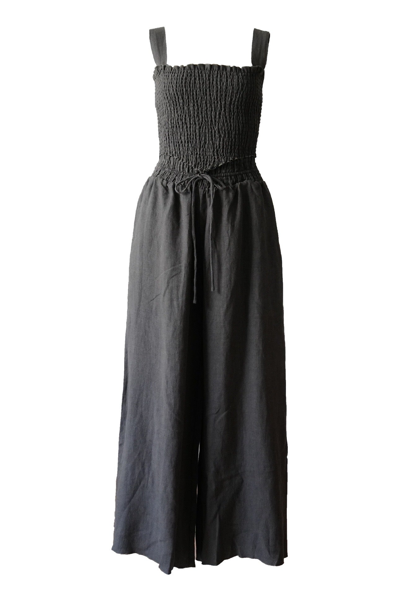 Linen Shirring Crop Top / Washed Black