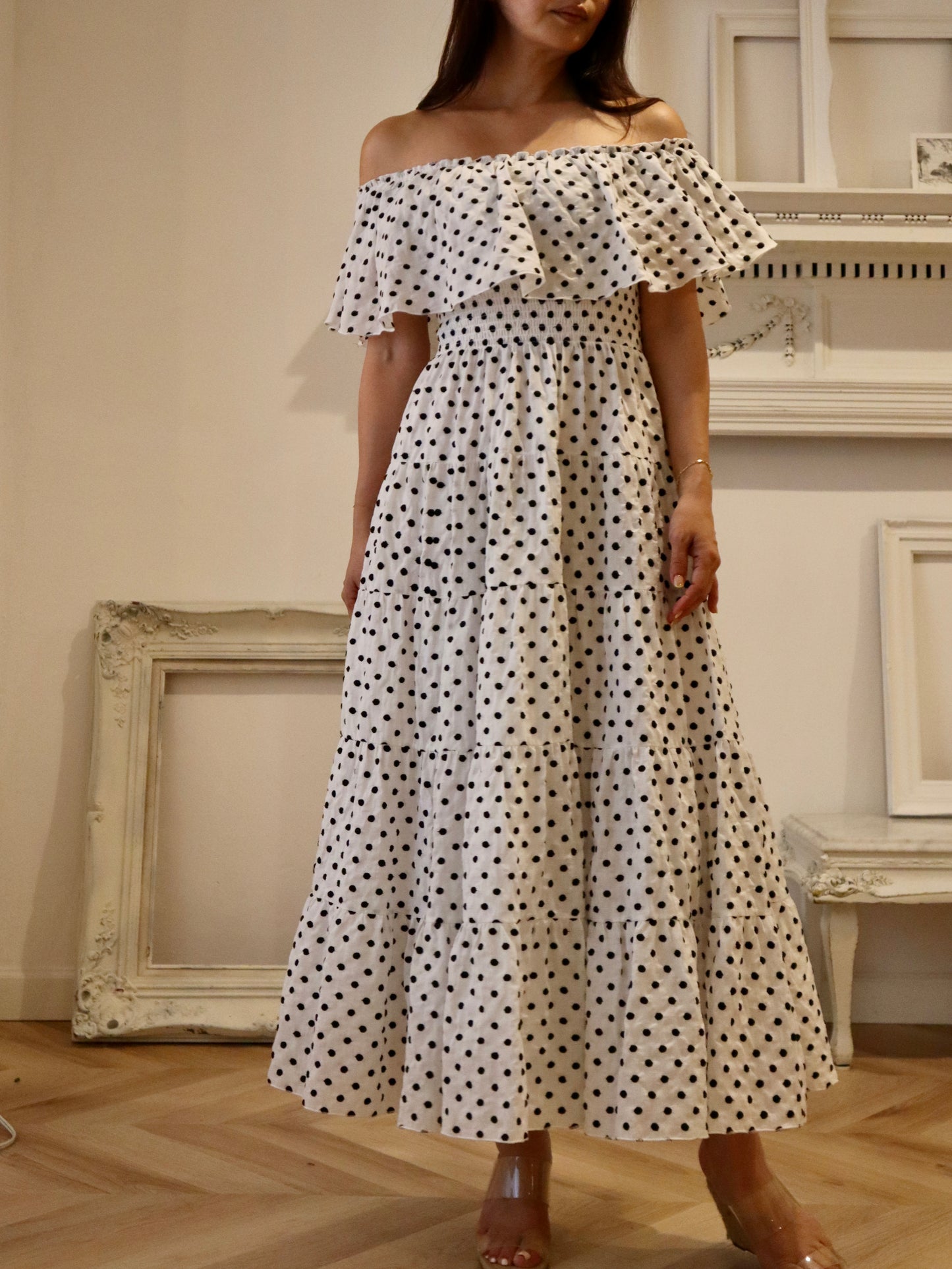 Off The Shoulder Dress / Frill Polka Dot Embroidery