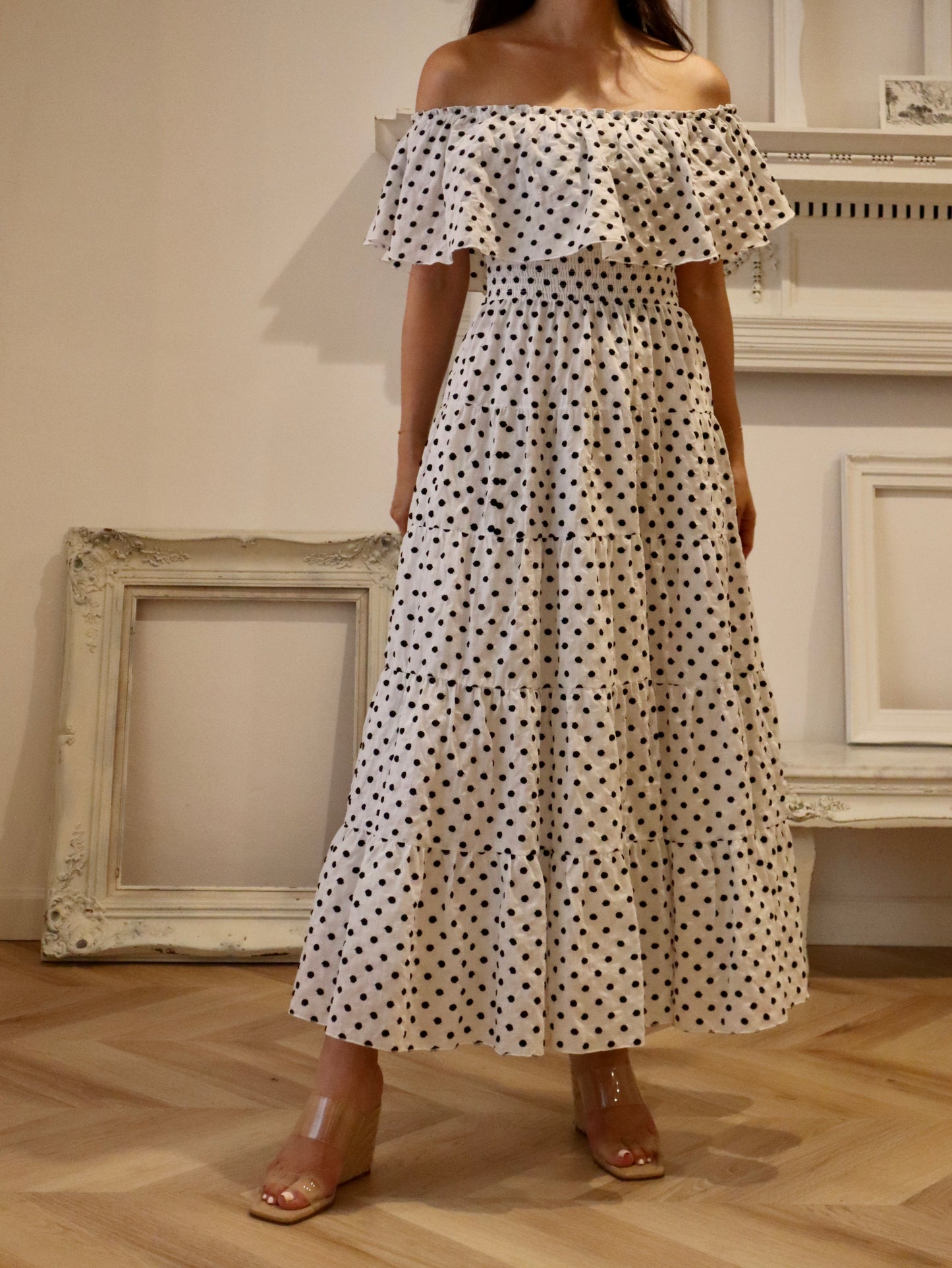 Off The Shoulder Dress / Frill Polka Dot Embroidery