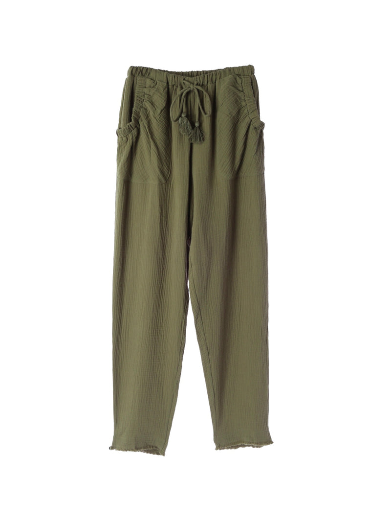 Fringe Cotton Gauze Pants Khaki