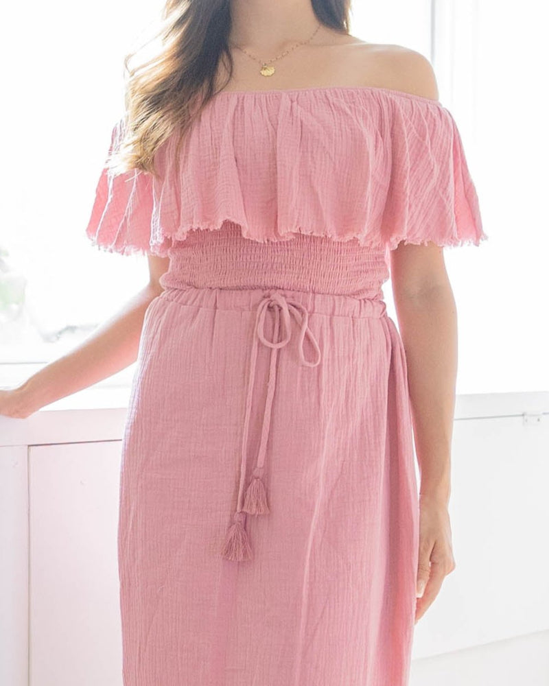 Fringe Frill Off The Shoulder Tops Blush Pink