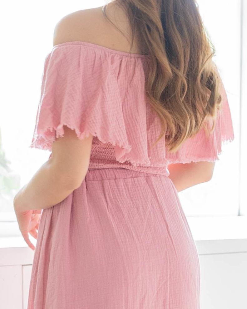 Fringe Frill Off The Shoulder Tops Blush Pink