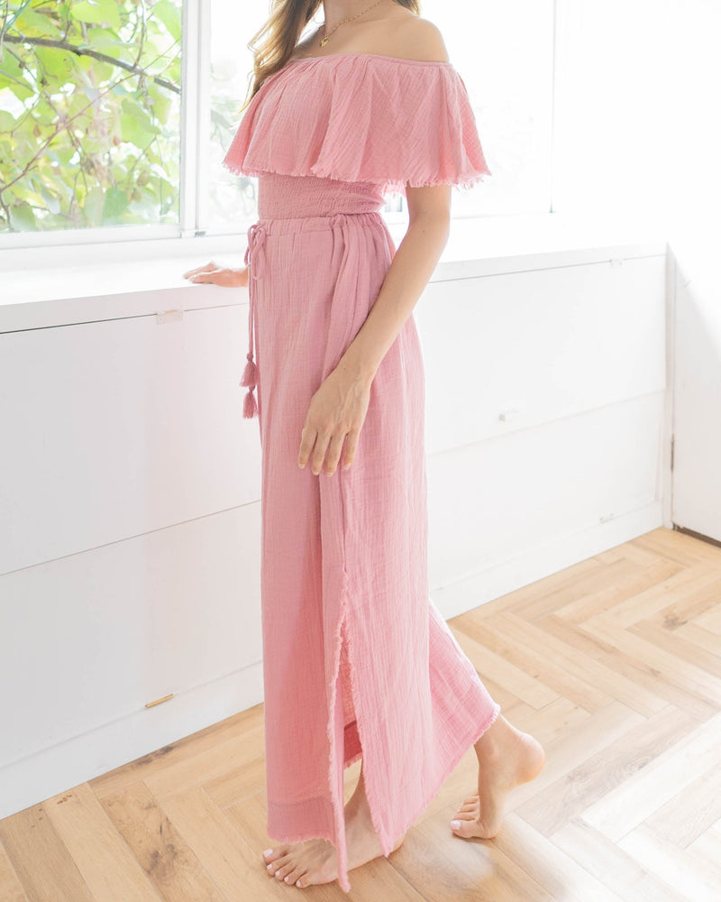 Fringe Frill Off The Shoulder Tops Blush Pink