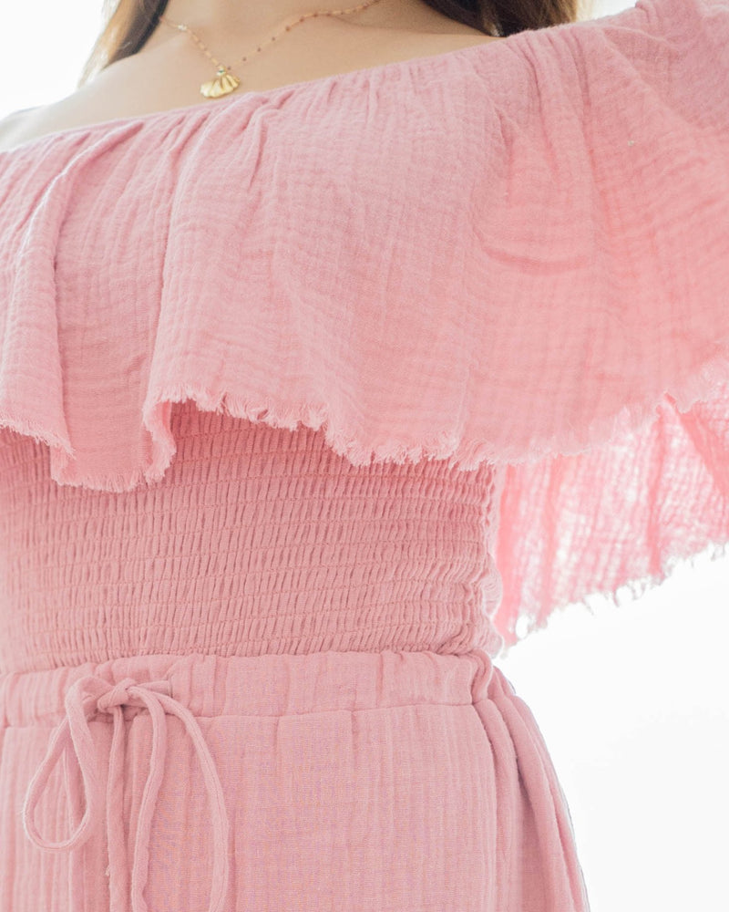 Fringe Frill Off The Shoulder Tops Blush Pink