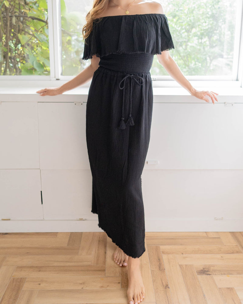 Fringe Frill Off The Shoulder Tops Black