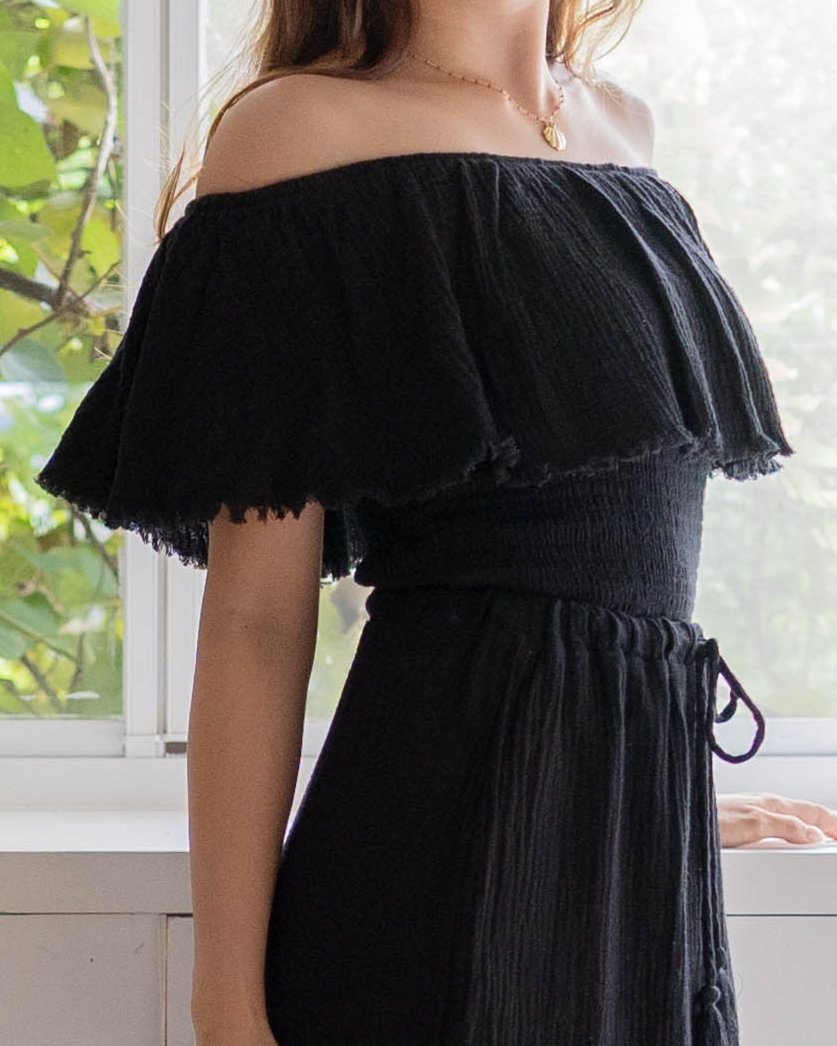 Fringe Frill Off The Shoulder Tops Black