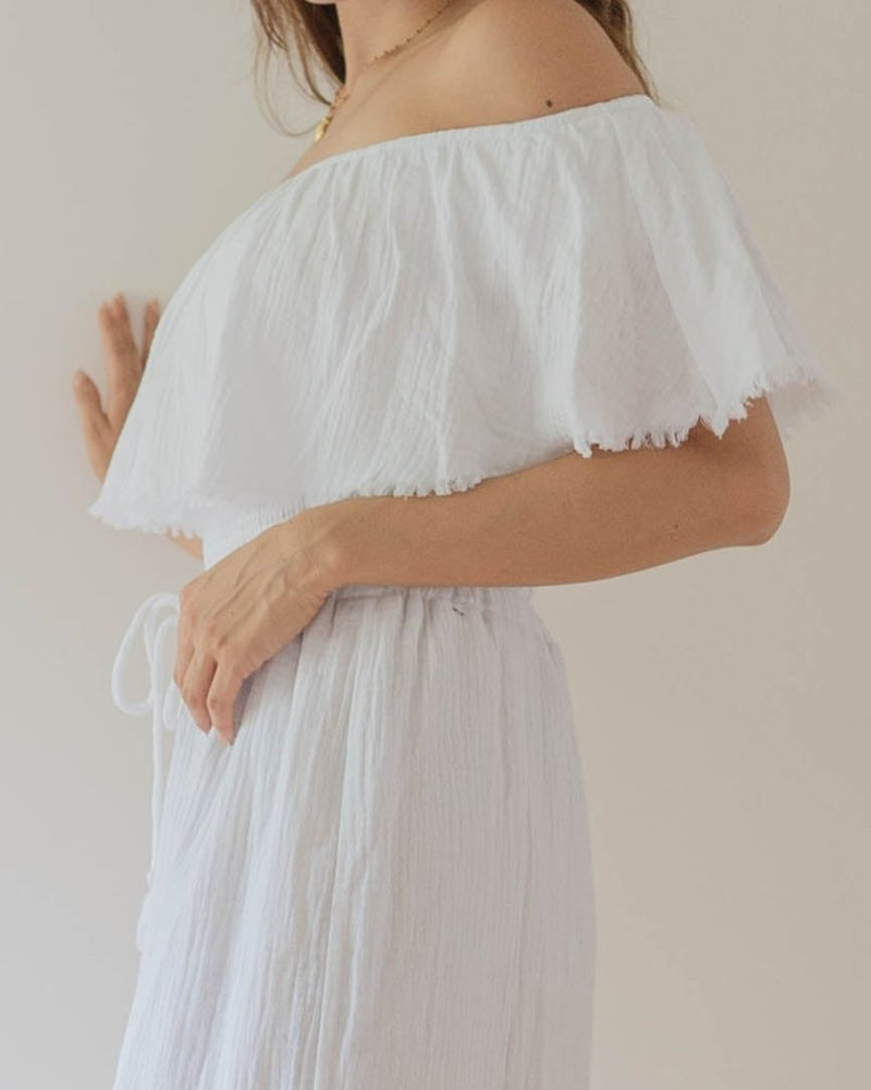 Fringe Frill Off The Shoulder Tops White