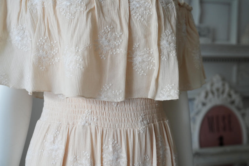 Frill Flower Embroidery Off The Shoulder Dress