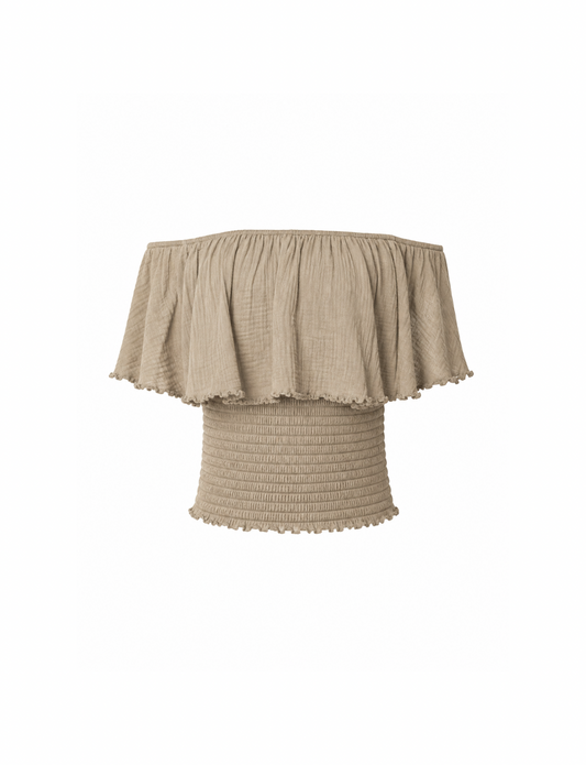 Fringe Frill Off The Shoulder Tops Mocha