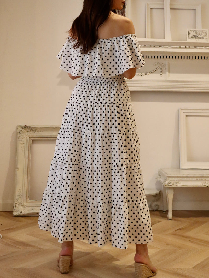 Frill Polka Dot Embroidery Off The Shoulder Dress